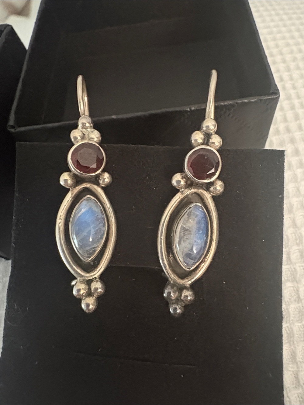 Sterling Silver Moonstone and Garnet Drop Earrings - Blue and Deep Red